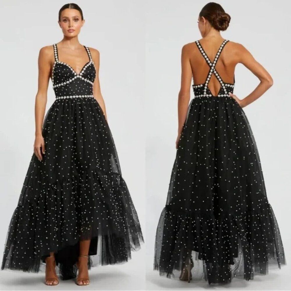 $698 Mac Duggal 20747 Size 6 Black Pearl Beaded High Low Long Maxi Dress Gown